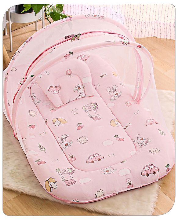 Babyhug Cotton Bedding Set with Mosquito Net Duck Print- Blue