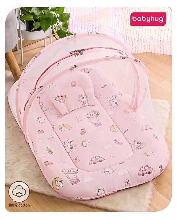 Babyhug Cotton Bedding Set with Mosquito Net Duck Print- Blue