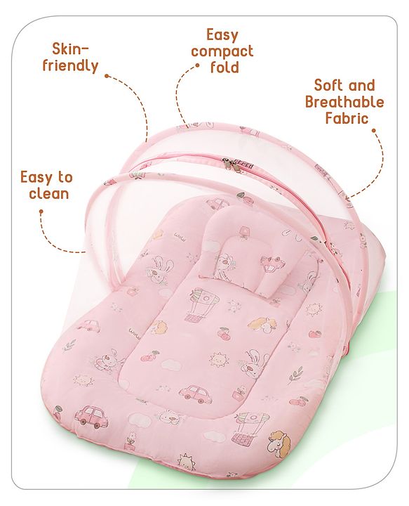 Babyhug Cotton Bedding Set with Mosquito Net Duck Print- Blue