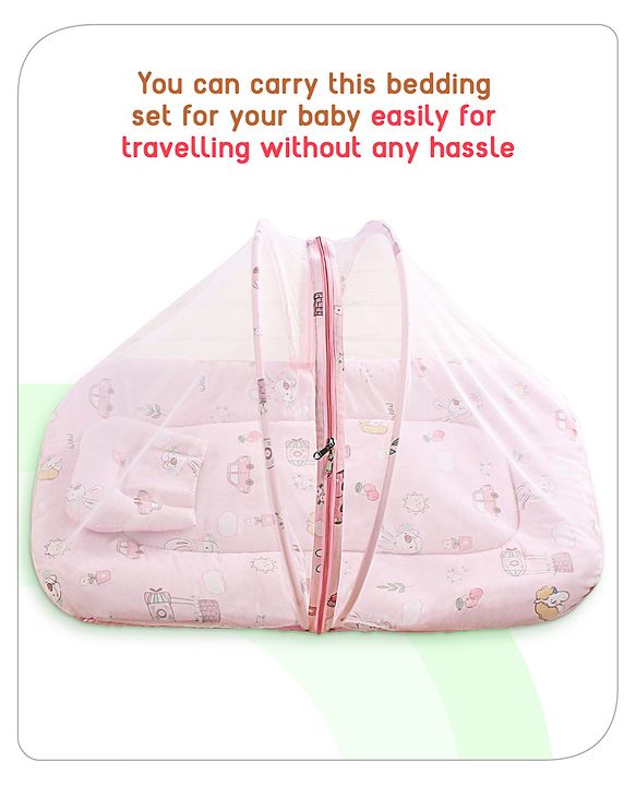 Babyhug Cotton Bedding Set with Mosquito Net Duck Print- Blue