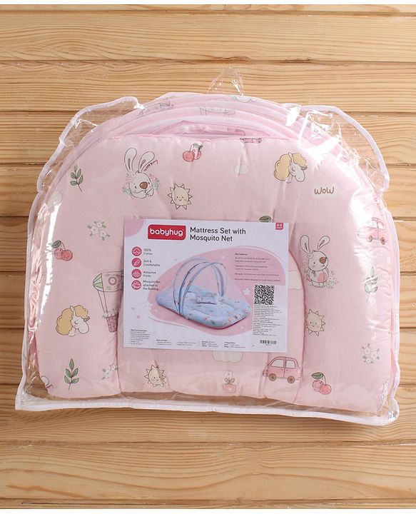 Babyhug Cotton Bedding Set with Mosquito Net Duck Print- Blue