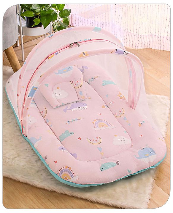 Babyhug Cotton Bedding Set with Mosquito Net Duck Print- Blue