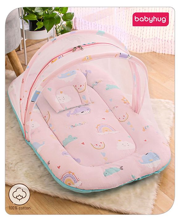 Babyhug Cotton Bedding Set with Mosquito Net Duck Print- Blue