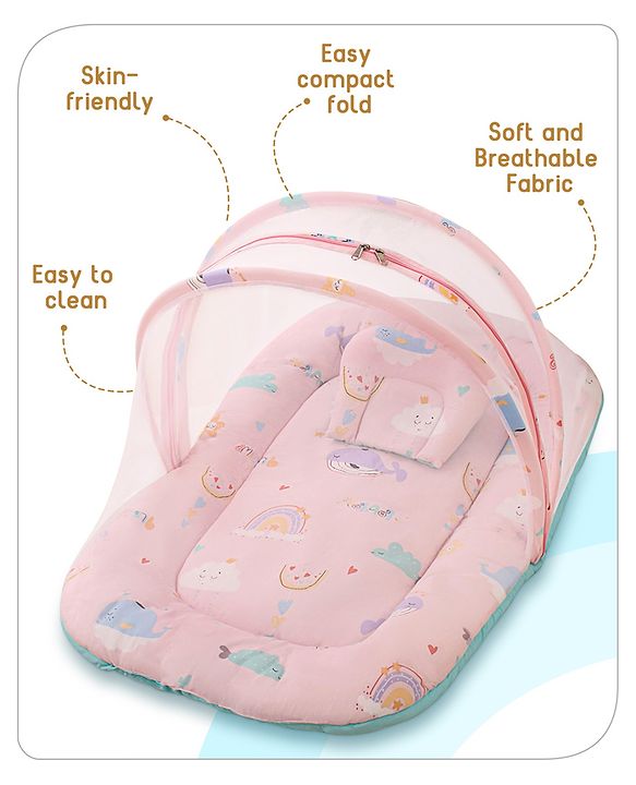 Babyhug Cotton Bedding Set with Mosquito Net Duck Print- Blue