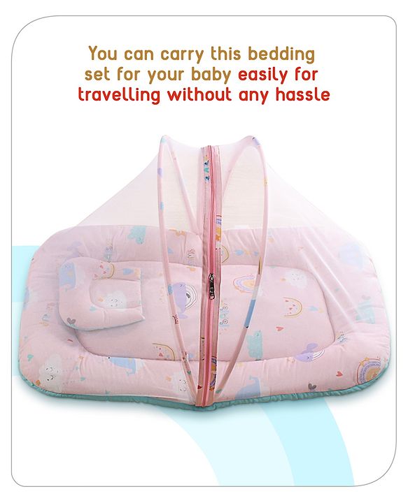 Babyhug Cotton Bedding Set with Mosquito Net Duck Print- Blue