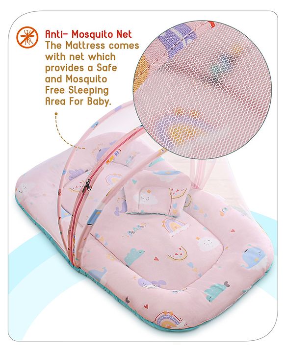 Babyhug Cotton Bedding Set with Mosquito Net Duck Print- Blue