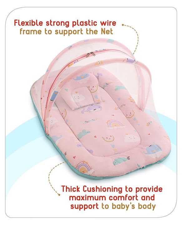 Babyhug Cotton Bedding Set with Mosquito Net Duck Print- Blue