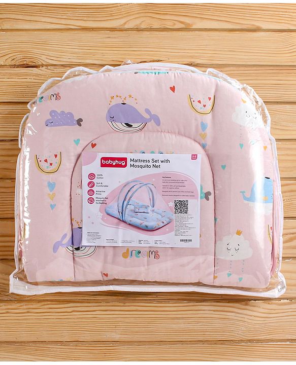 Babyhug Cotton Bedding Set with Mosquito Net Duck Print- Blue