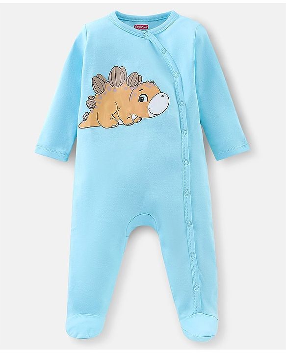 Babyhug Cotton Knit Full Sleeves Footed Sleep Suits Stripes & Dino Print Pack of 3 - Blue White & Orange