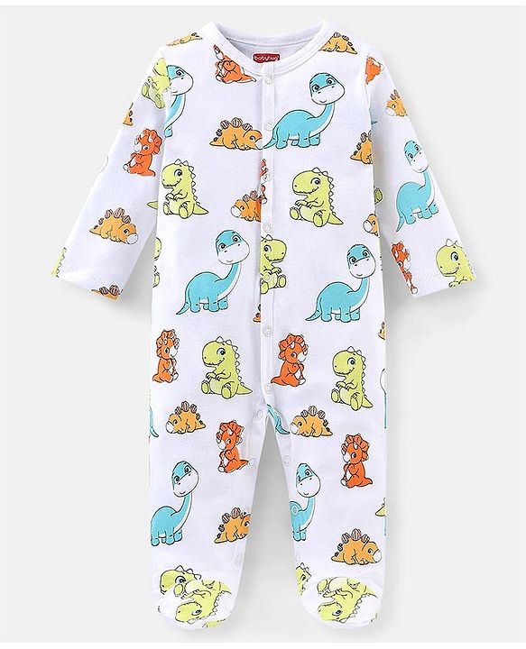 Babyhug Cotton Knit Full Sleeves Footed Sleep Suits Stripes & Dino Print Pack of 3 - Blue White & Orange