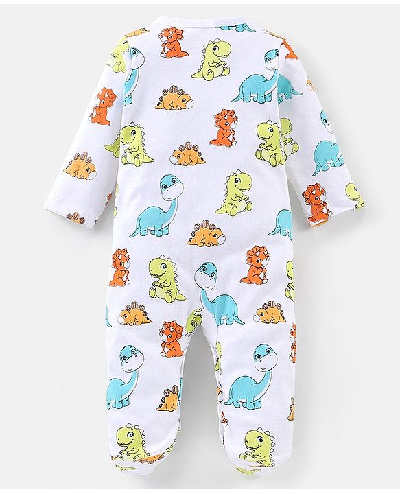Babyhug Cotton Knit Full Sleeves Footed Sleep Suits Stripes & Dino Print Pack of 3 - Blue White & Orange