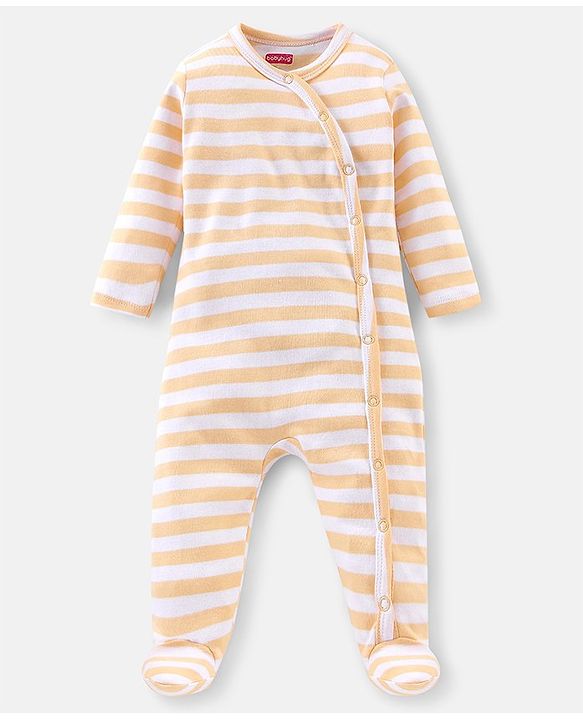 Babyhug Cotton Knit Full Sleeves Footed Sleep Suits Stripes & Dino Print Pack of 3 - Blue White & Orange
