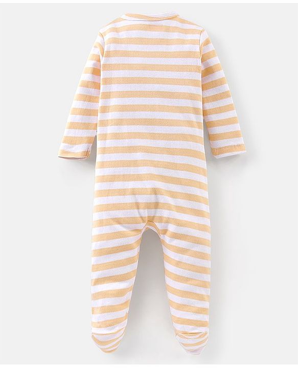 Babyhug Cotton Knit Full Sleeves Footed Sleep Suits Stripes & Dino Print Pack of 3 - Blue White & Orange