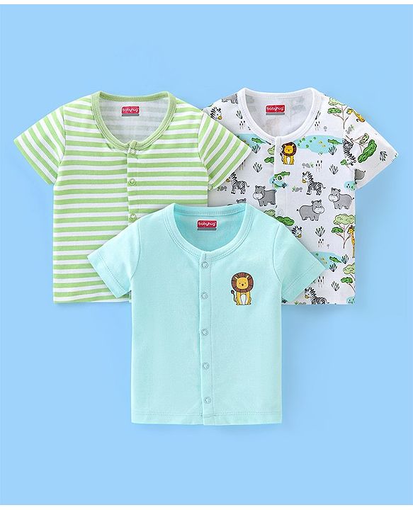 Babyhug 100% Cotton Interlock Knit Half Sleeves Front Open Vests Striped & Animal Print Pack Of 3 - Green White & Blue