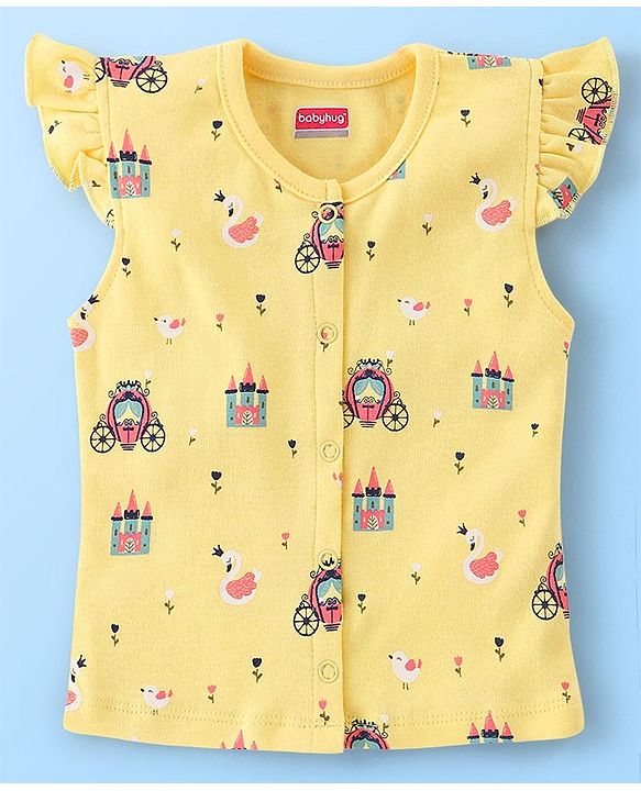 Babyhug 100% Cotton Frill Sleeves Front Open Vests Floral & Castle Print Pack of 3- Pink & Yellow