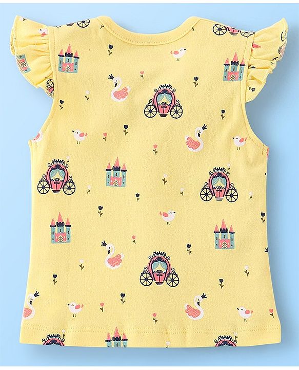 Babyhug 100% Cotton Frill Sleeves Front Open Vests Floral & Castle Print Pack of 3- Pink & Yellow