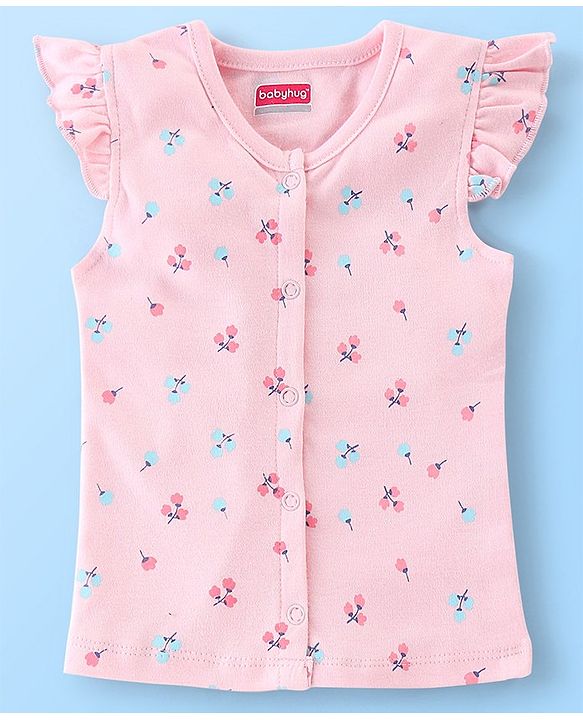 Babyhug 100% Cotton Frill Sleeves Front Open Vests Floral & Castle Print Pack of 3- Pink & Yellow