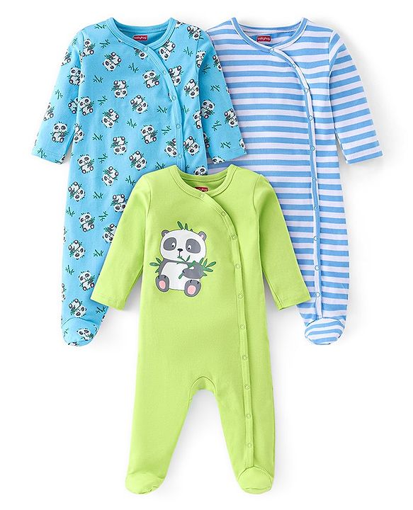 Babyhug Cotton Knit Full Sleeves Footed Sleepsuit with Panda Print Pack of 3 - Blue & Green