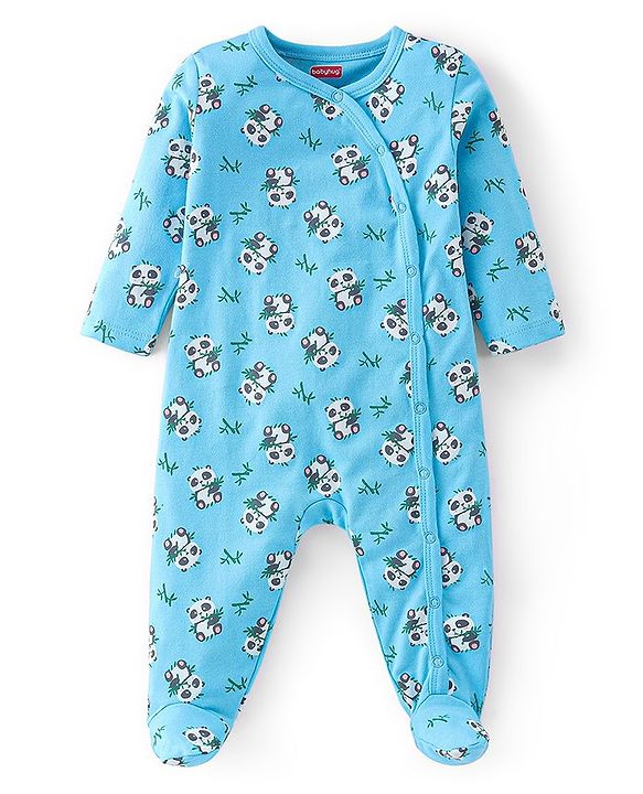 Babyhug Cotton Knit Full Sleeves Footed Sleepsuit with Panda Print Pack of 3 - Blue & Green