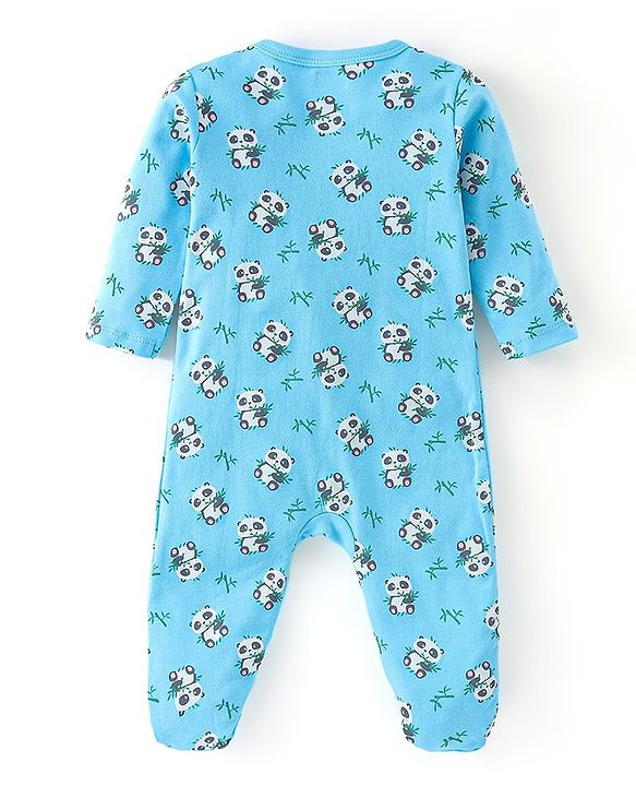 Babyhug Cotton Knit Full Sleeves Footed Sleepsuit with Panda Print Pack of 3 - Blue & Green
