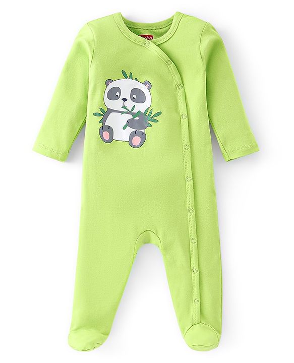 Babyhug Cotton Knit Full Sleeves Footed Sleepsuit with Panda Print Pack of 3 - Blue & Green