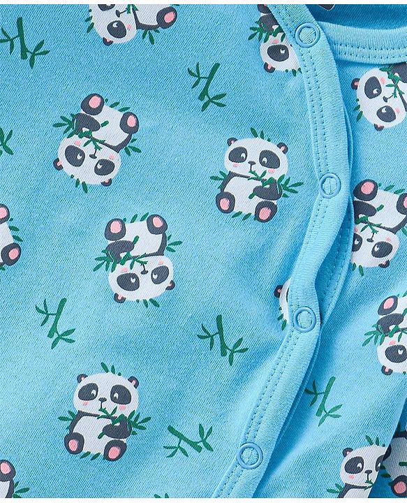 Babyhug Cotton Knit Full Sleeves Footed Sleepsuit with Panda Print Pack of 3 - Blue & Green