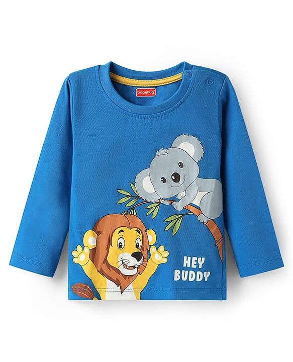 Babyhug 100% Cotton Knit Full Sleeves Lion & Koala Bear Printed T-Shirt & Lounge Pant Set - Blue & Yellow