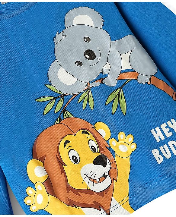 Babyhug 100% Cotton Knit Full Sleeves Lion & Koala Bear Printed T-Shirt & Lounge Pant Set - Blue & Yellow
