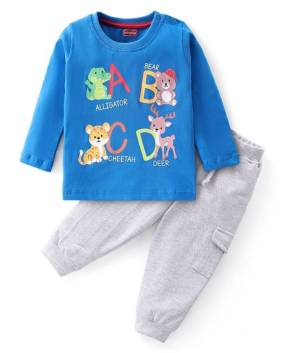 Babyhug Cotton Knit Full Sleeves Wild Animals Printed T-Shirt & Lounge Pant Set - Blue & White Melange