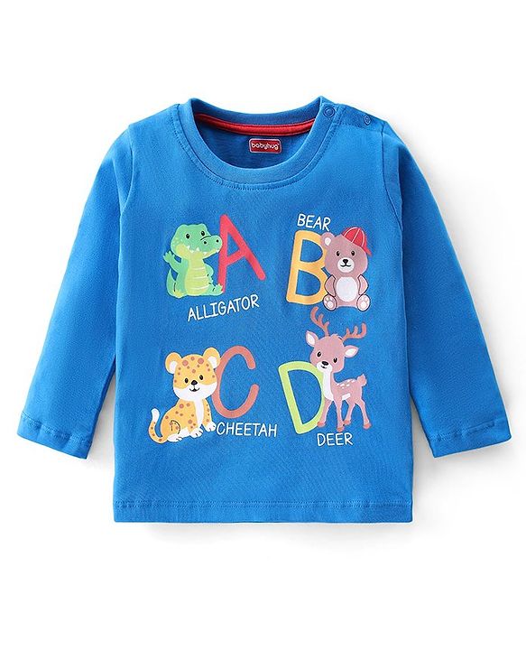 Babyhug Cotton Knit Full Sleeves Wild Animals Printed T-Shirt & Lounge Pant Set - Blue & White Melange