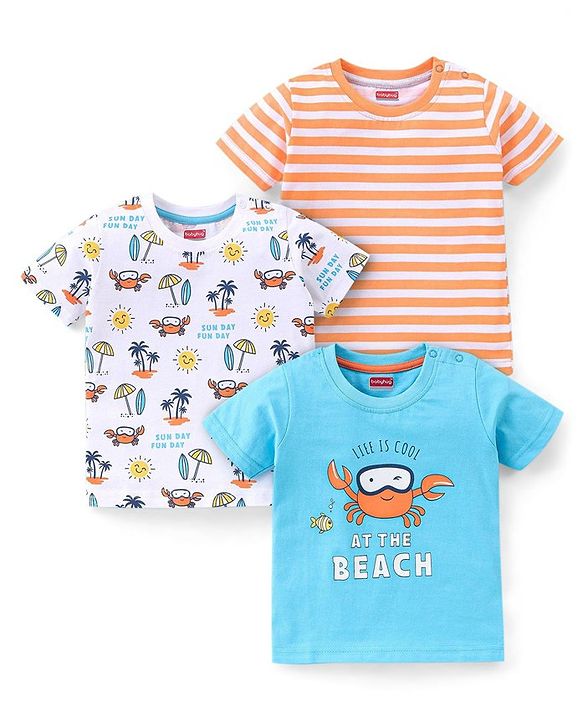 Babyhug Cotton Half Sleeves T-Shirt Stripes & Beach Print Pack of 3- Blue & White