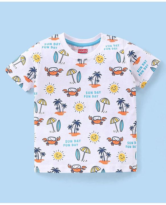 Babyhug Cotton Half Sleeves T-Shirt Stripes & Beach Print Pack of 3- Blue & White