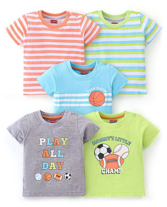 Babyhug Cotton Half Sleeves T-Shirt Stripes & Football Print Pack of 5- Green Grey & Blue