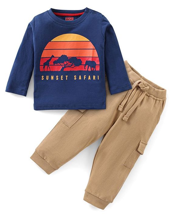 Babyhug 100% Cotton Full Sleeves T-Shirt & Lounge Pant Set With Sun Set Print - Blue & Light Brown