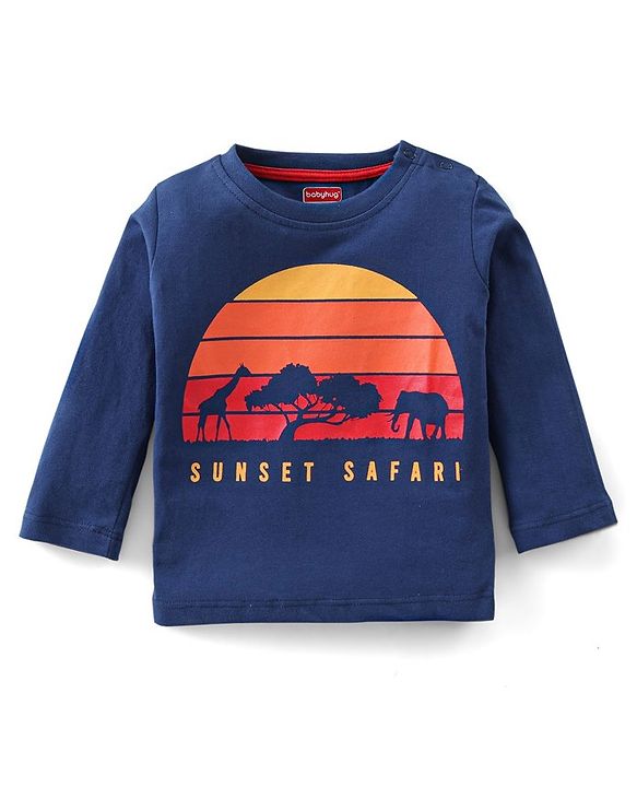 Babyhug 100% Cotton Full Sleeves T-Shirt & Lounge Pant Set With Sun Set Print - Blue & Light Brown