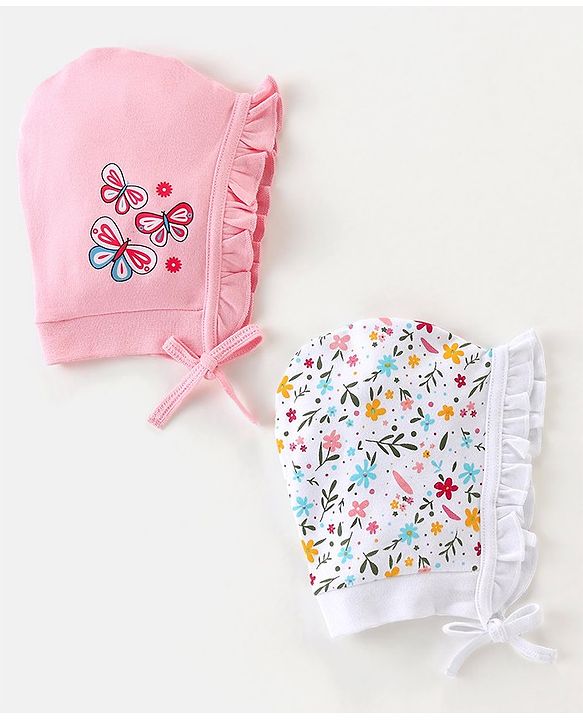 Babyhug 100% Cotton Tie Knot Cap with Floral and Butterfly Print Pack of 2 - Pink & White