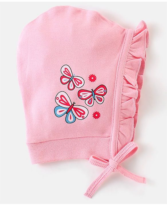 Babyhug 100% Cotton Tie Knot Cap with Floral and Butterfly Print Pack of 2 - Pink & White