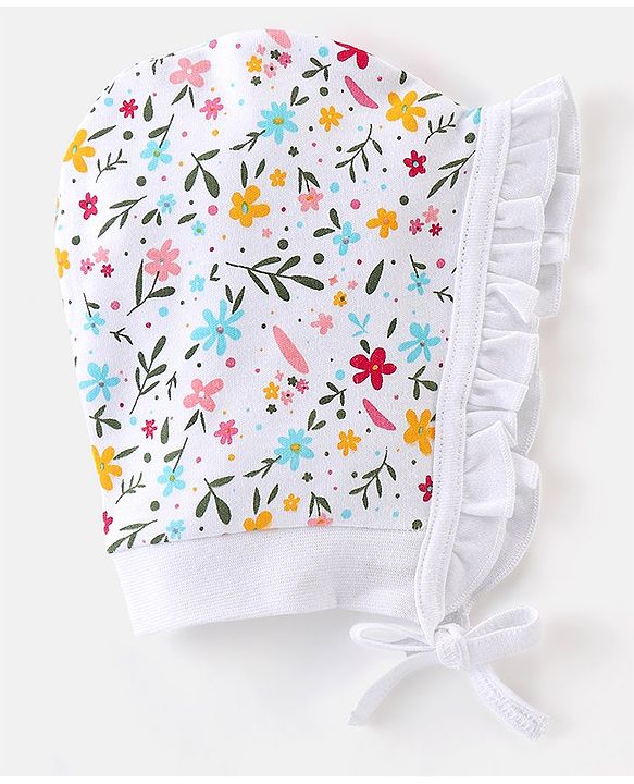Babyhug 100% Cotton Tie Knot Cap with Floral and Butterfly Print Pack of 2 - Pink & White