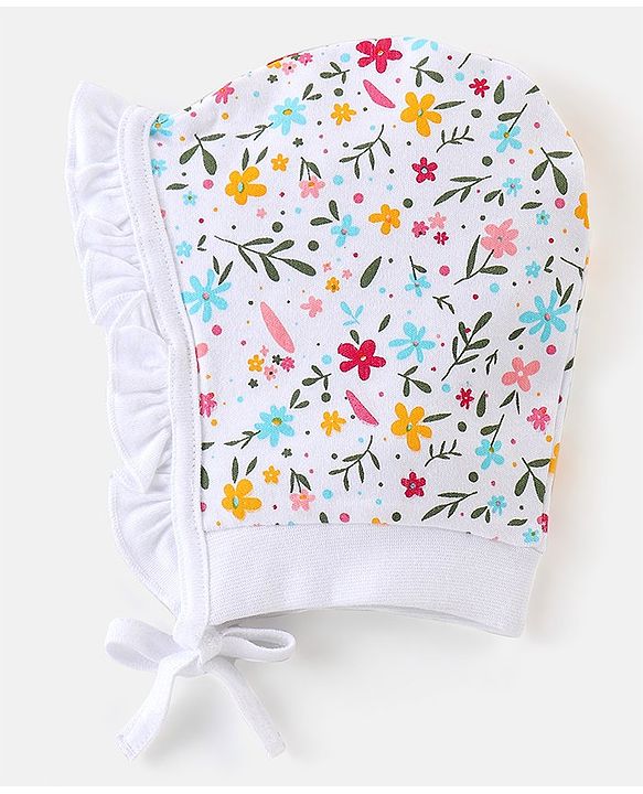 Babyhug 100% Cotton Tie Knot Cap with Floral and Butterfly Print Pack of 2 - Pink & White