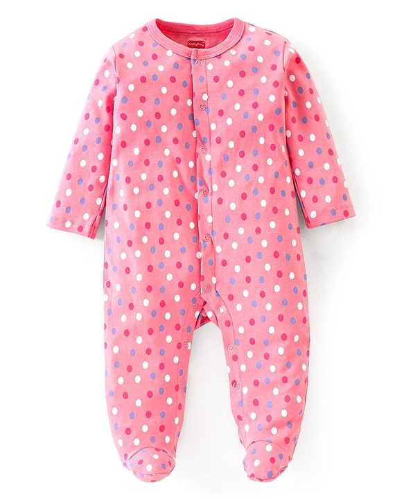 Babyhug Cotton Full Sleeves Sleep Suit Polka Dot Print- Pink