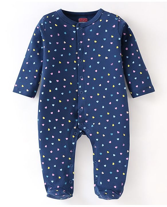 Babyhug Full Sleeves Sleep Suit Heart Print - Navy Blue
