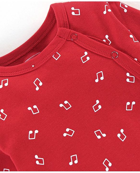 Babyhug Cotton Knit Full Sleeves Footed Sleepsuit Musical Notes Print - Red