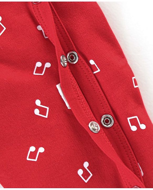 Babyhug Cotton Knit Full Sleeves Footed Sleepsuit Musical Notes Print - Red