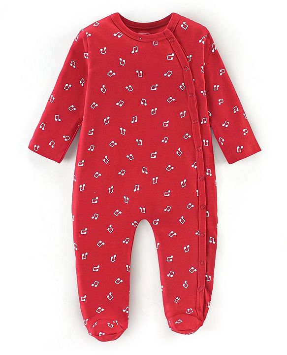 Babyhug Cotton Knit Full Sleeves Footed Sleepsuit Musical Notes Print - Red