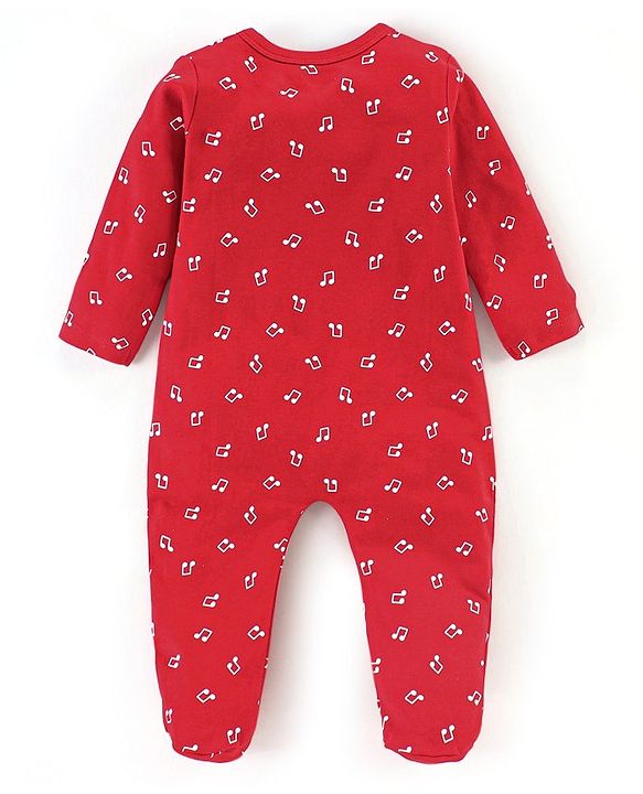 Babyhug Cotton Knit Full Sleeves Footed Sleepsuit Musical Notes Print - Red
