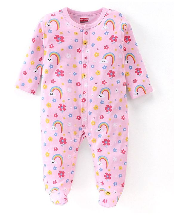 Babyhug Cotton Knit Full Sleeves Footed Sleep Suit Rainbow & Floral Print - Pink