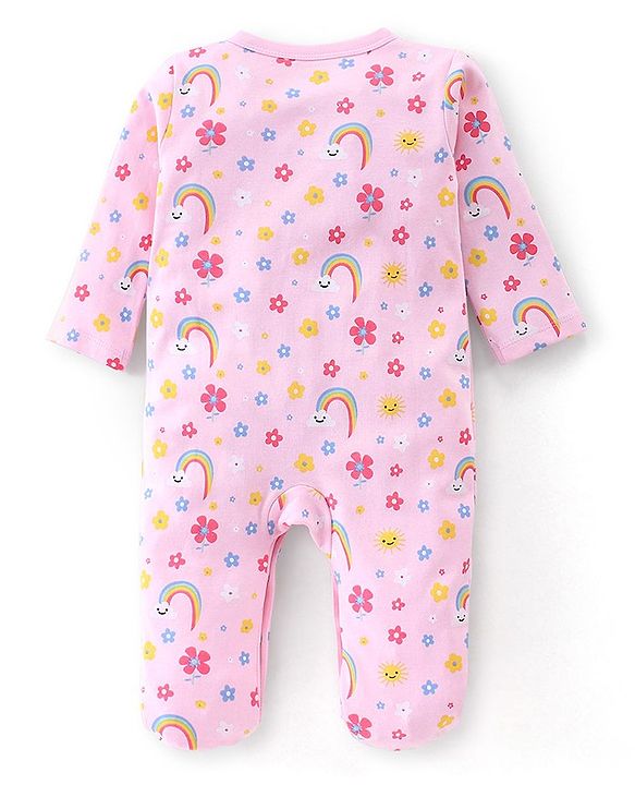 Babyhug Cotton Knit Full Sleeves Footed Sleep Suit Rainbow & Floral Print - Pink