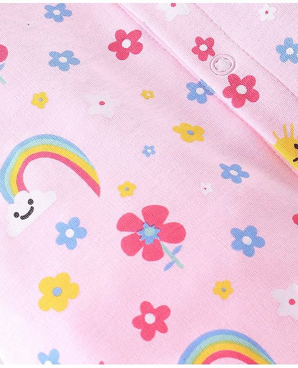 Babyhug Cotton Knit Full Sleeves Footed Sleep Suit Rainbow & Floral Print - Pink