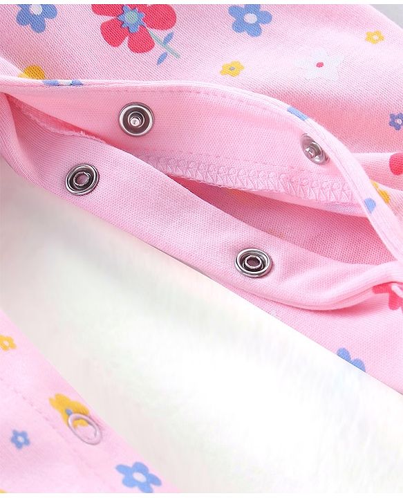 Babyhug Cotton Knit Full Sleeves Footed Sleep Suit Rainbow & Floral Print - Pink