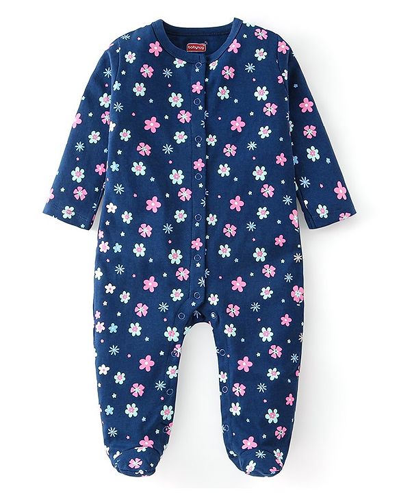 Babyhug Cotton Knit Full Sleeves Floral Printed Footed Sleepsuit - Navy Blue